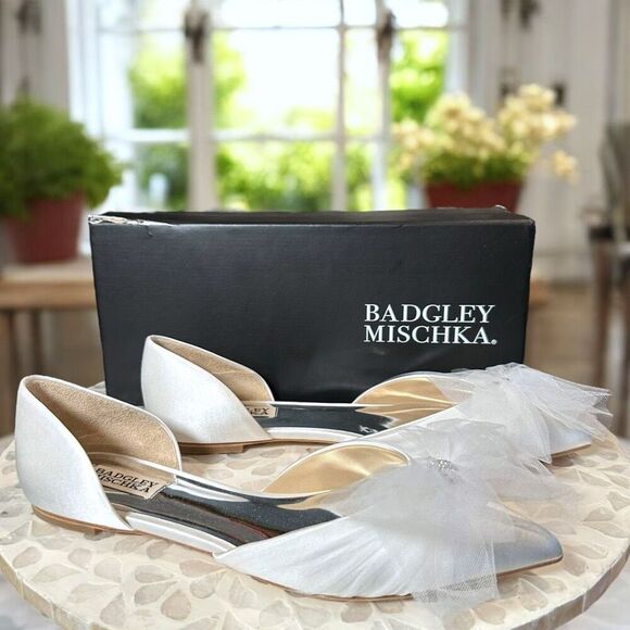 Badgley Mischka Fergie Bridal Ballet Flats Ivory Tulle Bow Pointed Toe D’Orsay S - Picture 4 of 13